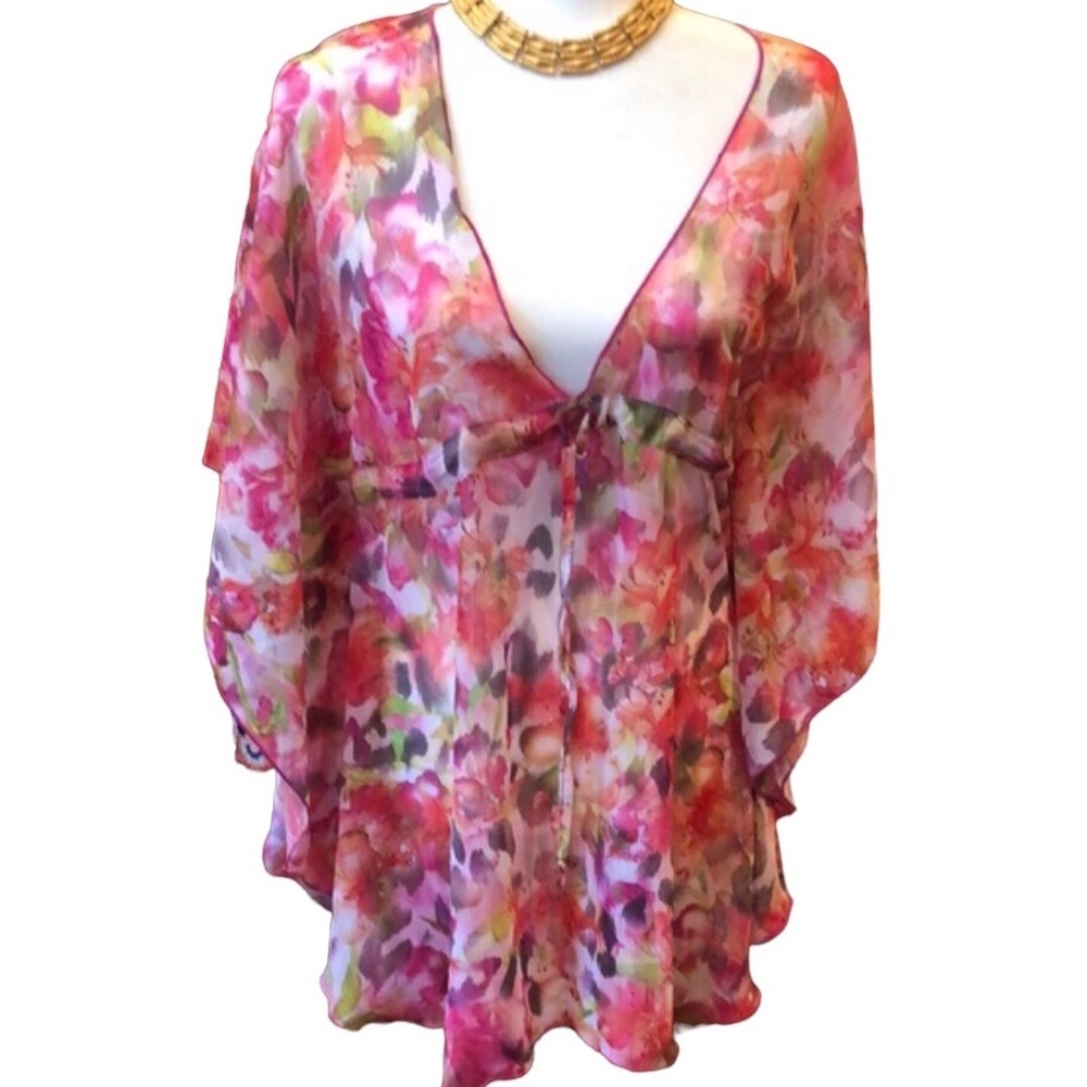 BECCA Flutter Sleeve Floral Semi Sheer Swim Cover up Women’s size XS/S New